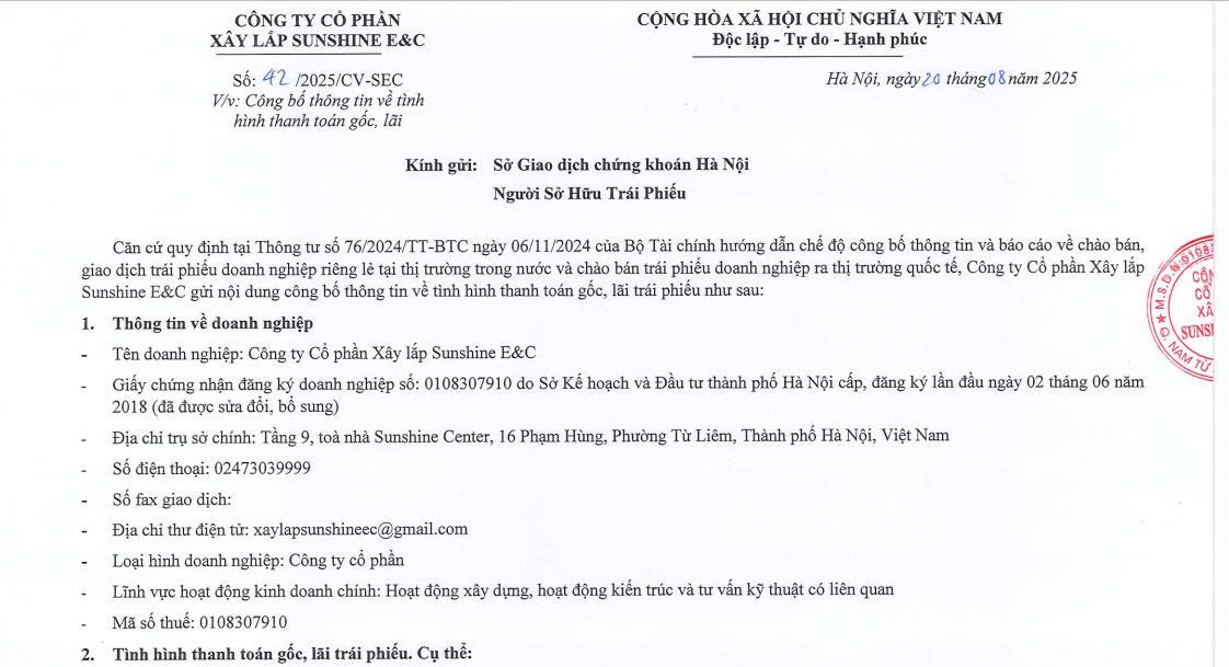 Công ty Cổ phần Xây lắp Sunshine E&C chậm thanh toán gốc và lãi trái phiếu