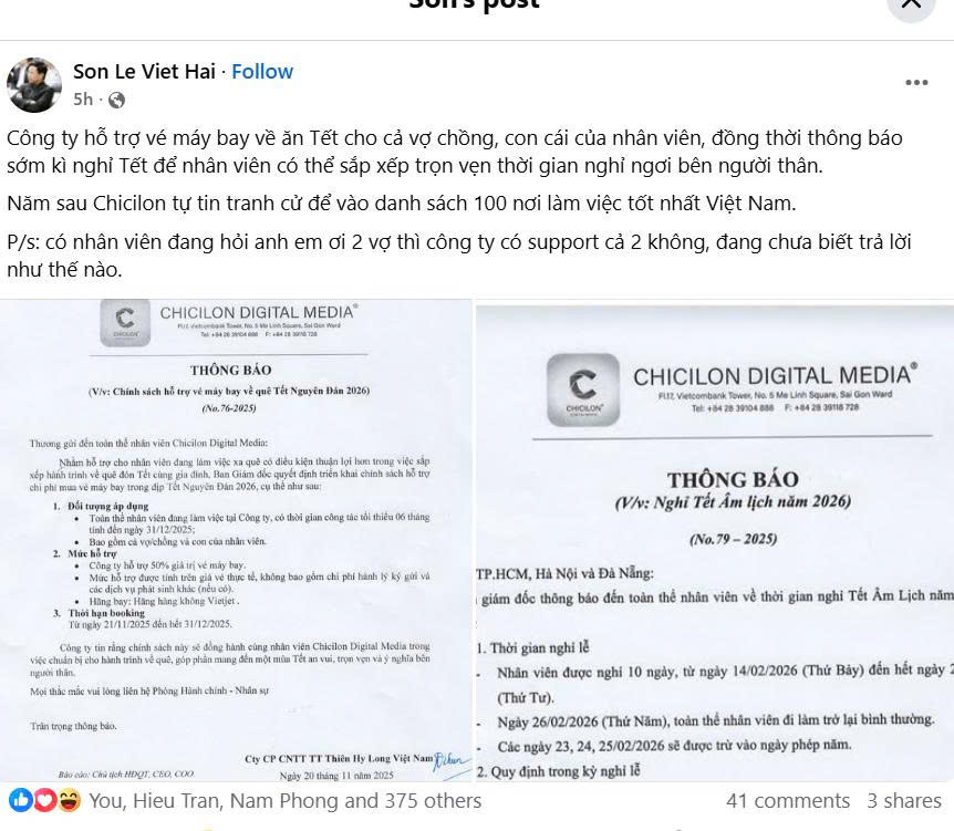Chicilon hỗ trợ vé máy bay tết cho nhân viên.
