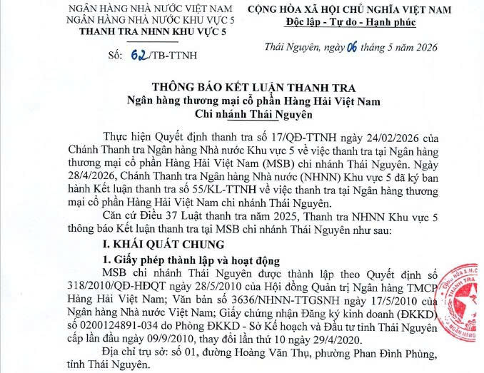 Kết luận sai phạm của Ngân hàng MSB Chi nhánh Thái Nguyên