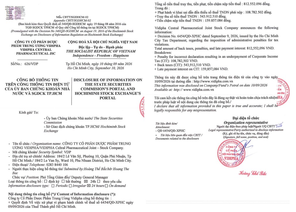 Vidipha công bố quyết định xử phạt của Thuế TP.HCM.